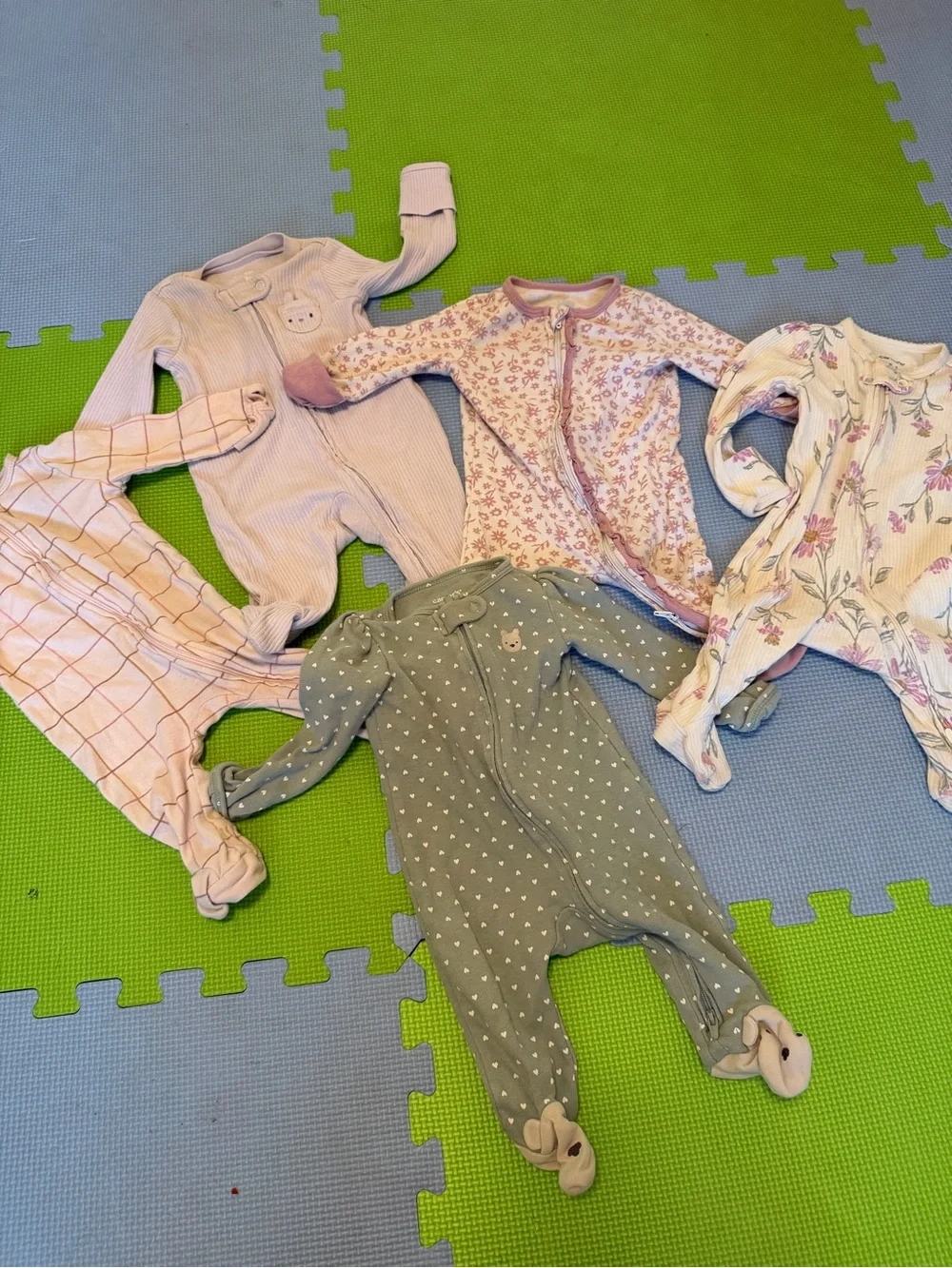 Mixed Girls Footie Sleepers in Pink and Green - Set of 5